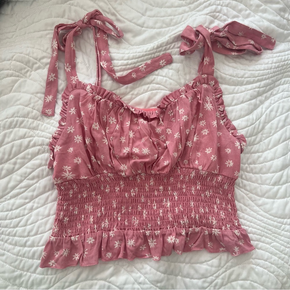 pink floral smocked tank top